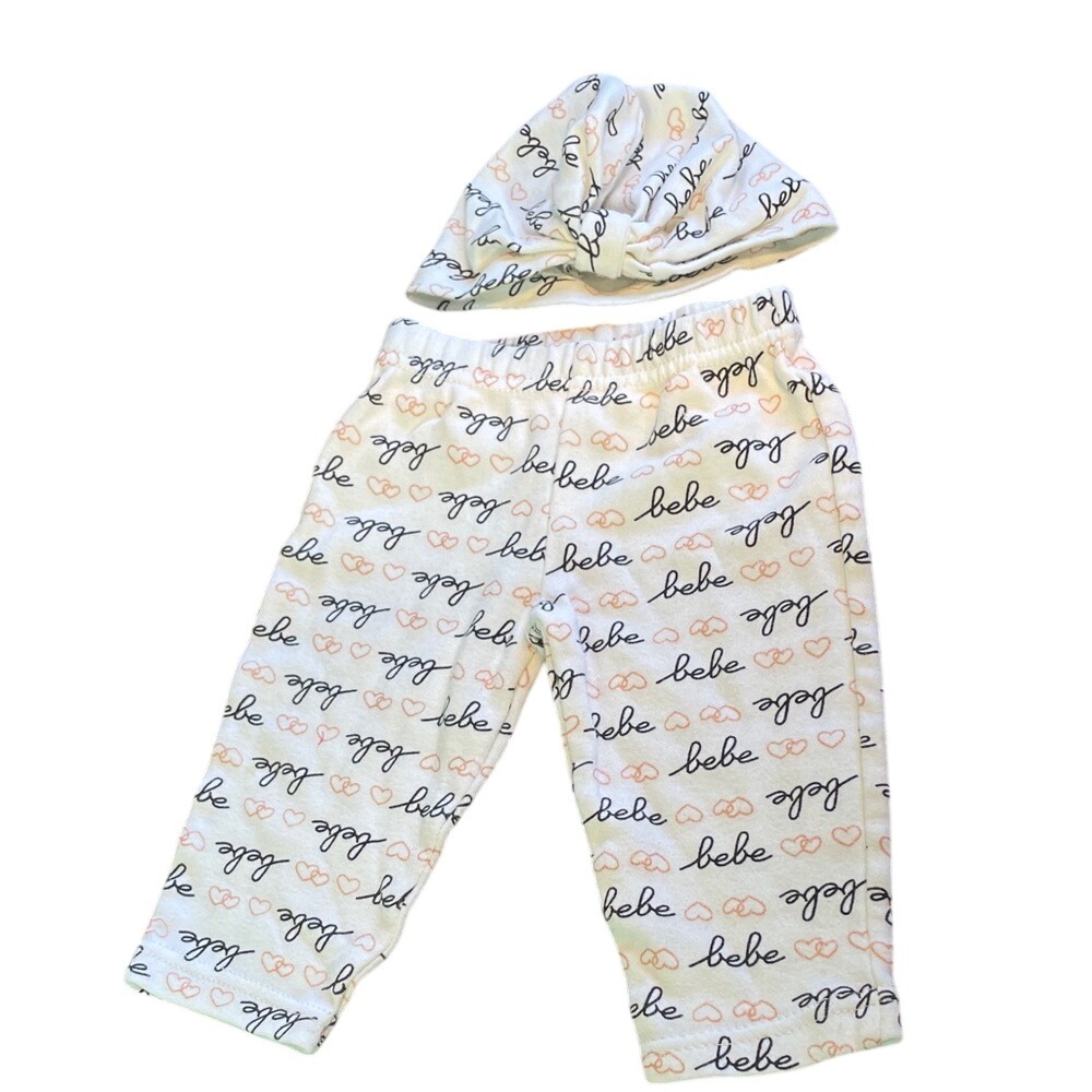 Bebe Baby Girls White Script Logo Heart Print Pants‎ and Hat Set 0-3 Months